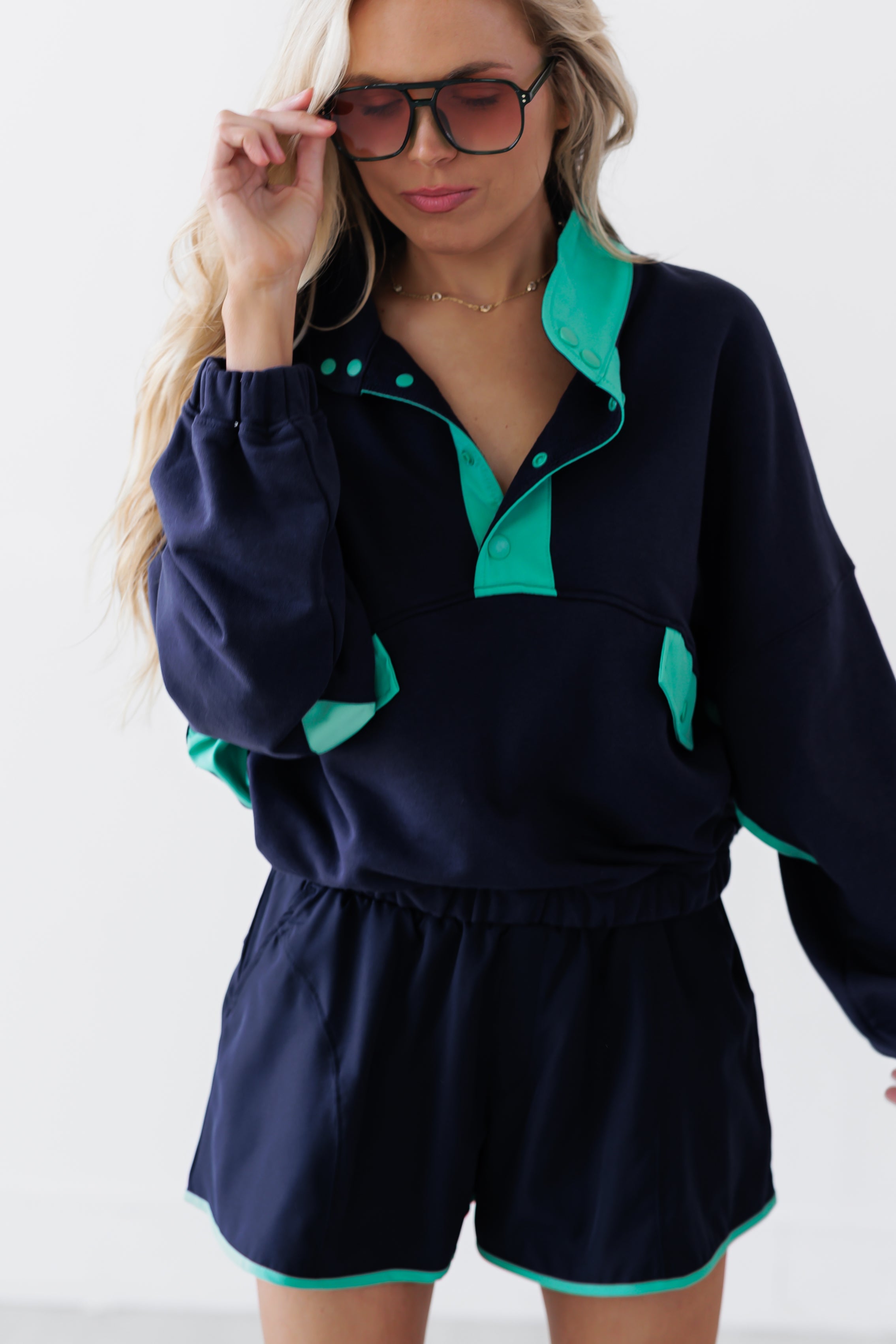 Never Settle Top & Shorts Set - Navy/Mint Green