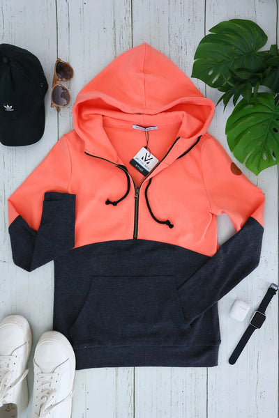 Classic HalfZip Hoodie - Coral and Charcoal