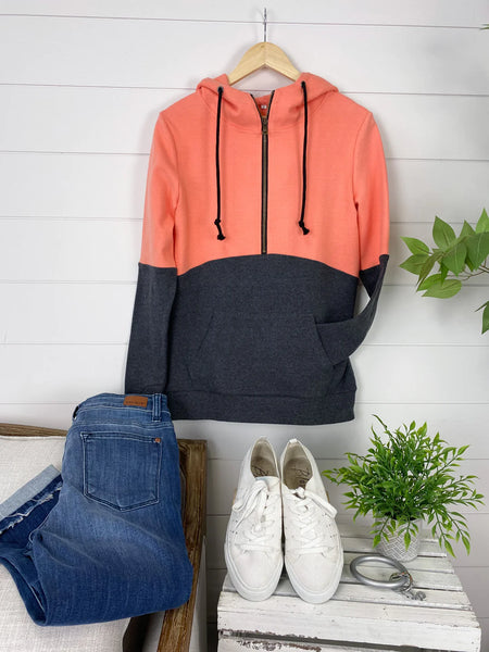 Classic HalfZip Hoodie - Coral and Charcoal
